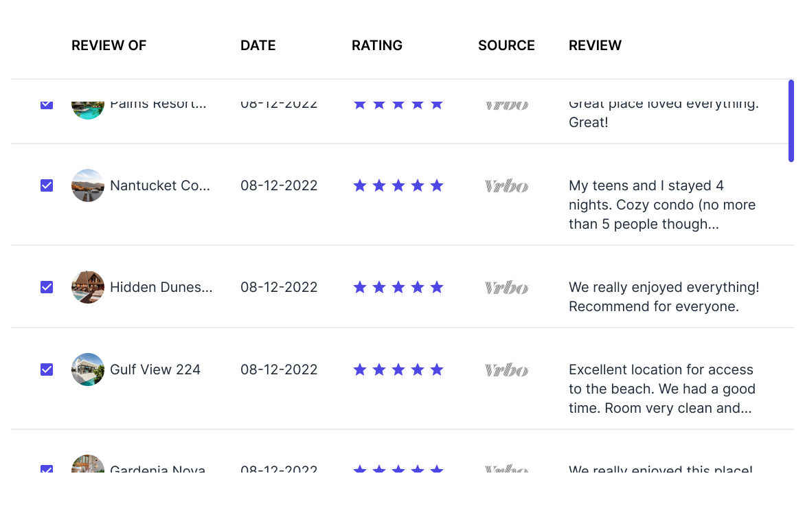 Reva reviews summary table with filters